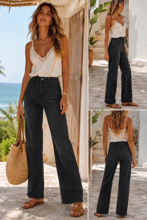 MOTHER Denim - MOTHER Rambler Zip Sneak Washed Black Straight Leg Jeans Patch Pocket 25 Capsule